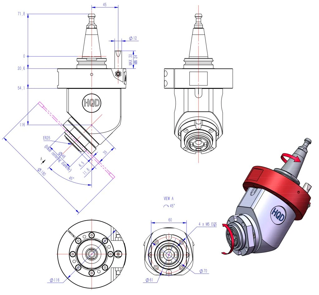 ISO30-ER25-S-45° technical drawing 1